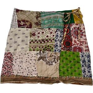 579 Women’s Patchwork Silk Mini Skirt Size S Bohemian Front Tie Style